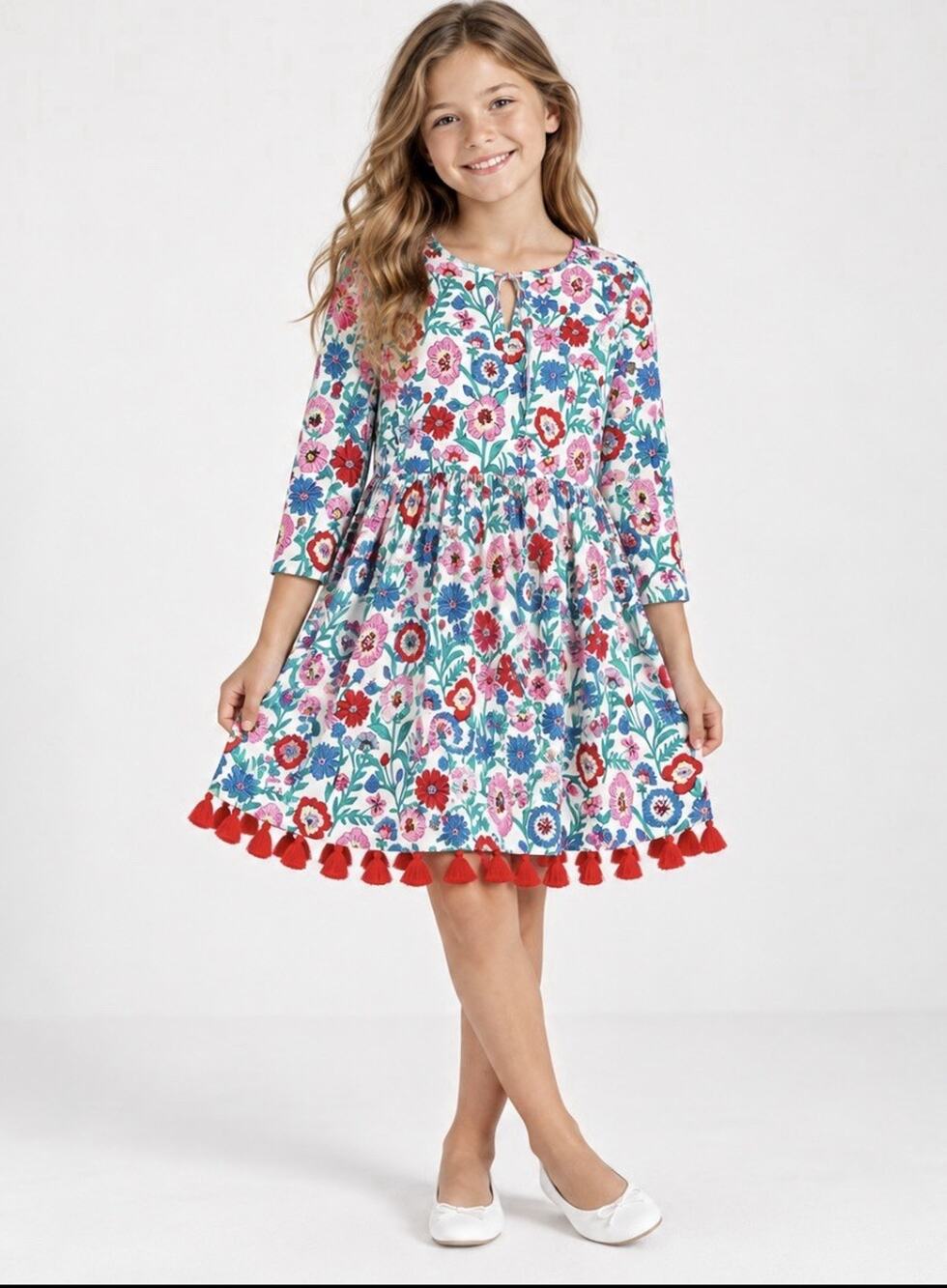 Vineyard Vines Girls Large Floral Tassel Hem Dress Pink Blue Red